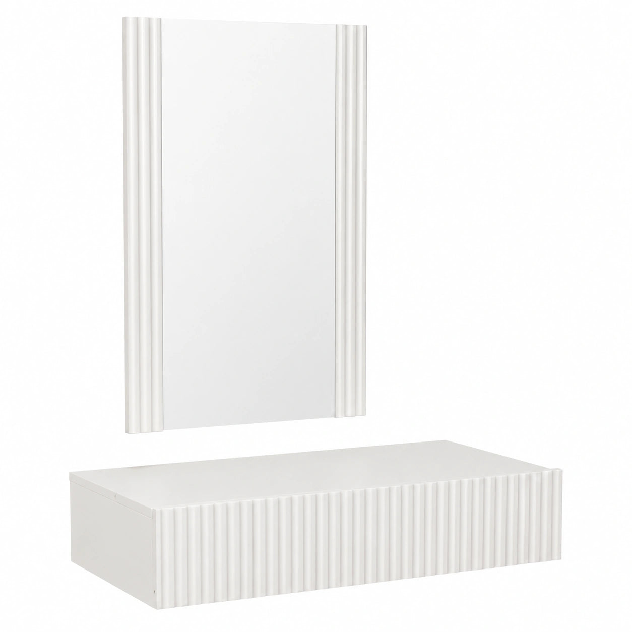 Elegante Recibidor Colgante Amira con Espejo y Cajón, Diseño Acanalado en Melamina Blanca