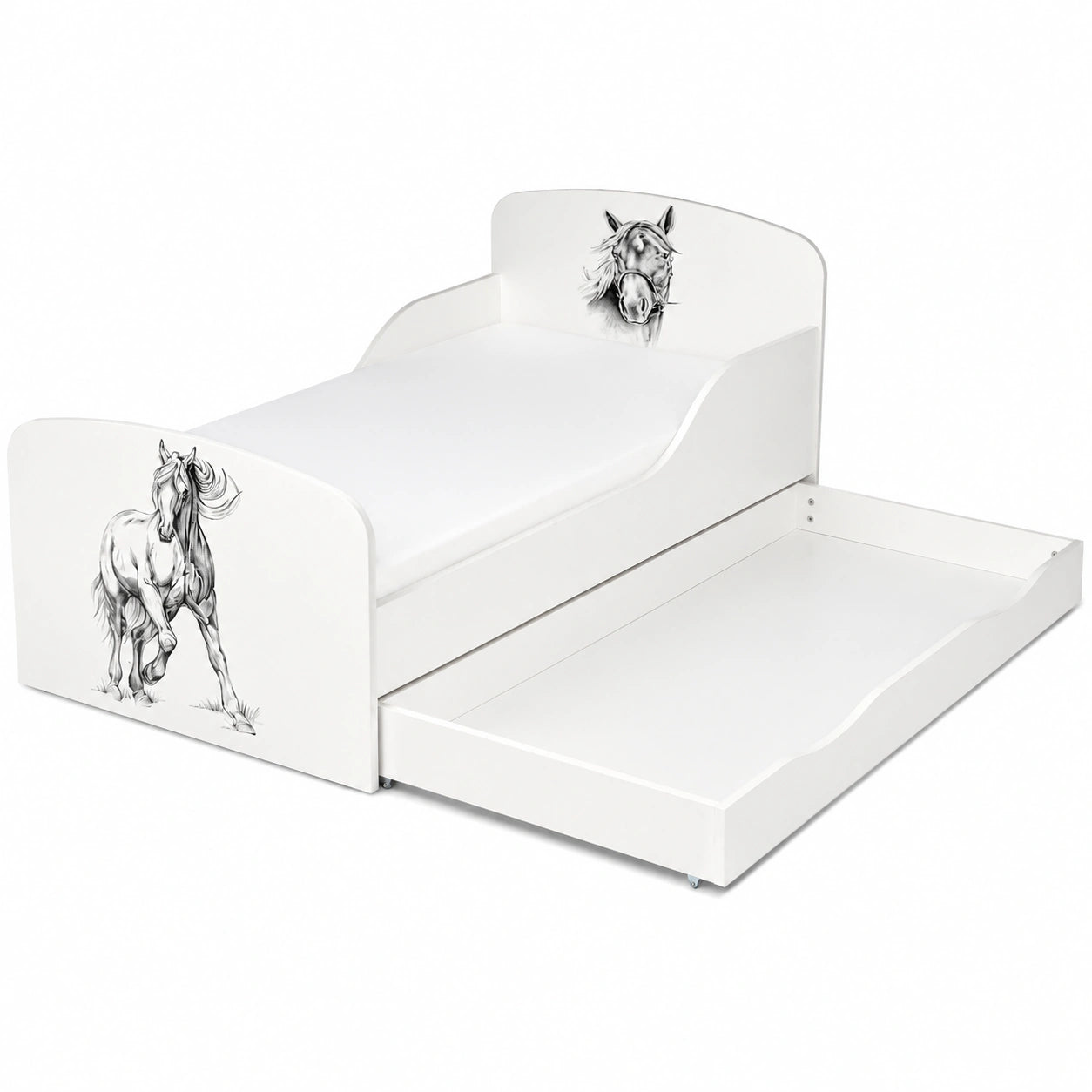 Cama Infantil de Madera con Diseño de Caballo, Somier y Cajón - Leomark Blanco 140x70 cm