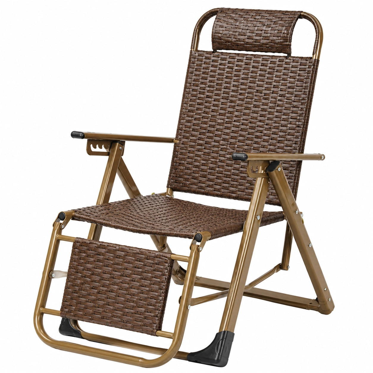 Sillón Boho de Ratán con Estructura de Acero para Interiores, Reclinable Ajustable con Reposacabezas y Reposapiés