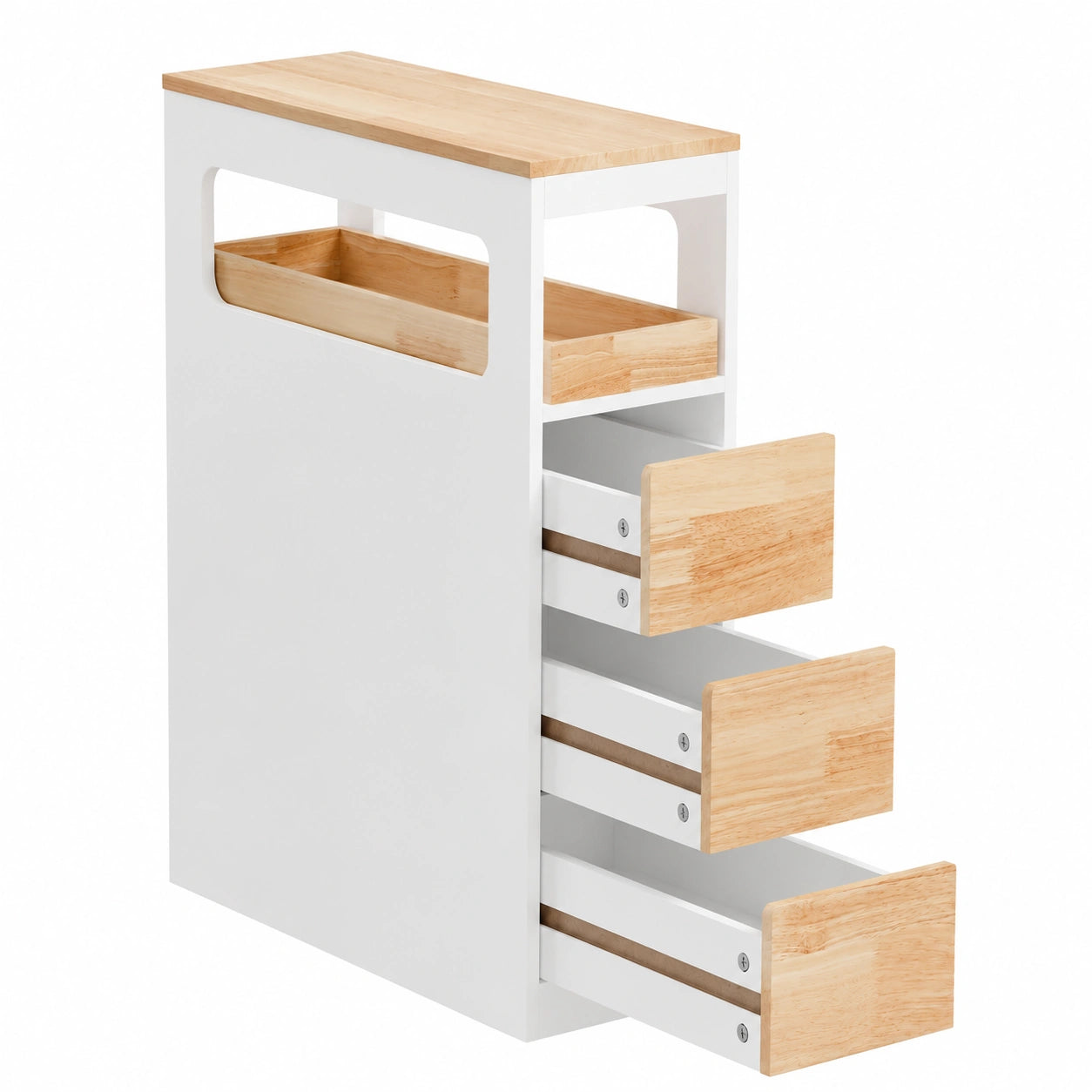 Armario Auxiliar de Baño con Ruedas y 3 Cajones, Blanco y Natural 65x23x82cm