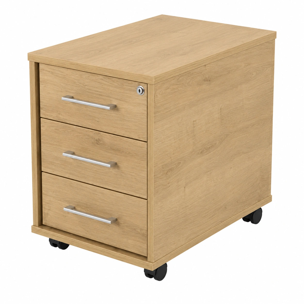 Cajonera de Oficina con Ruedas y Cerradura de Llave, 3 Cajones Roble